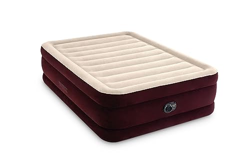 INTEX Dura-Beam Deluxe Extra Raised Air Mattress: Fiber-Tech – Queen Size – Built-in Electric Pump – 20in Bed Height – 600lb Weight Capacity – Maroon