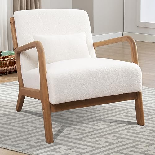 INZOY Sheepskin Accent Chair, Mid Century Modern, White
