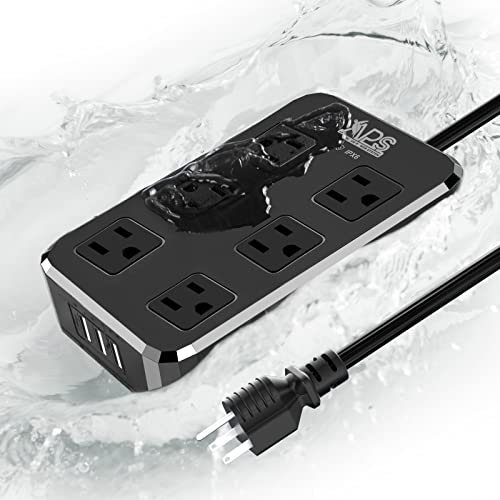 IPX6 Outdoor Power Strip Weatherproof, Waterproof Surge Protector with 6 Wide Outlet with 3 USB Ports, 6FT Long Extension Cord, Wall Mountable for Outside Decorations and More UL Listed(Black)