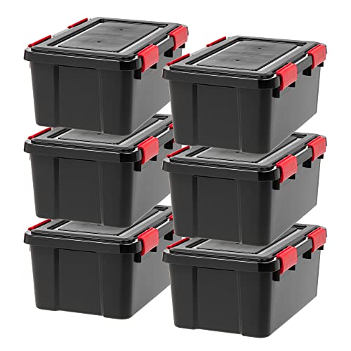6 Pack of 19 Quart Black/Red Latching Plastic Storage Boxes" by IRIS USA