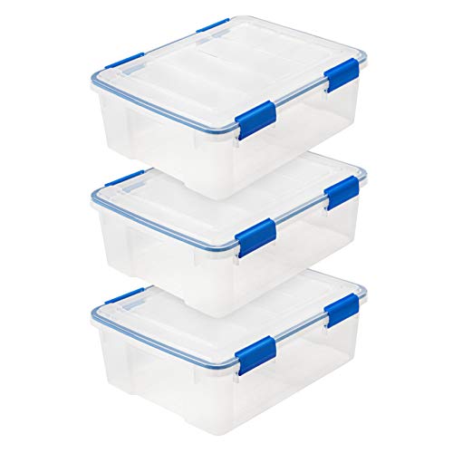 IRIS USA 26.5 Quart WEATHERPRO Plastic Storage Box, Clear With Blue Buckles