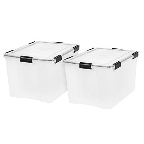 IRIS USA 74 Quart WEATHERPRO Plastic Storage Box with Durable Lid and Seal and Secure Latching Buckles, Weathertight, Clear with Black Buckles, 2 Pack, 585449