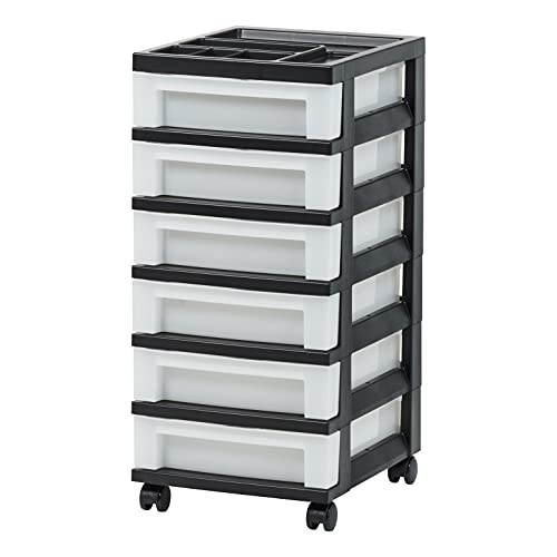 IRIS USA Craft Plastic Organizers and Storage, Rolling Storage Cart for Classroom Supplies, Storage Organizer for Art Supplies, Drawer Top Organizer for Small Parts, 6 Drawer, Black/Pearl