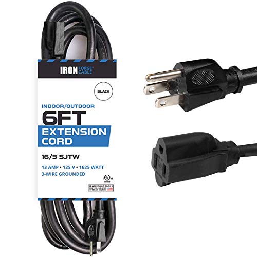 Iron Forge Cable 6 Ft Extension Cord, 16/3 Black 6 Foot Extension Cord Indoor/Outdoor Use, 3 Prong, Weatherproof Exterior Extension Cord, Great for Gardens, Landscaping, Lawn Mower, US Veteran Owned