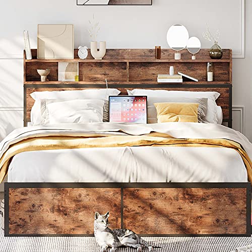 IRONCK Queen Bed Frame with Bookcase Headboard