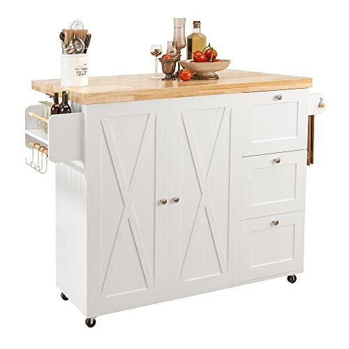 IRONCK White Kitchen Island Cart with Drop-Leaf Countertop & Barn Style Storage