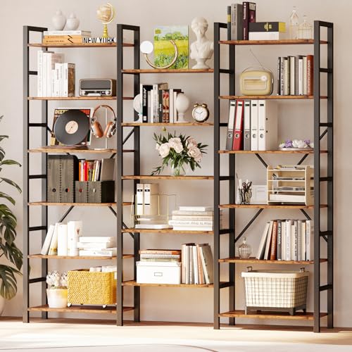 IRONCK Triple Wide Bookcases and Bookshelves 6 Tiers Industrial Bookshelf, Large Open Display Shelves with Metal Frame for Living Room Bedroom Home Office， Vintage Brown