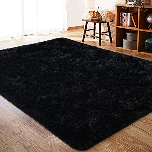 ISEAU Black Shaggy Rug for Bedroom and Living Room