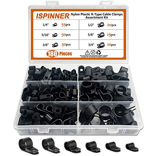 ISPINNER 180pcs Nylon Plastic Cable Clamp Assortment Kit for Conduit (Black)
