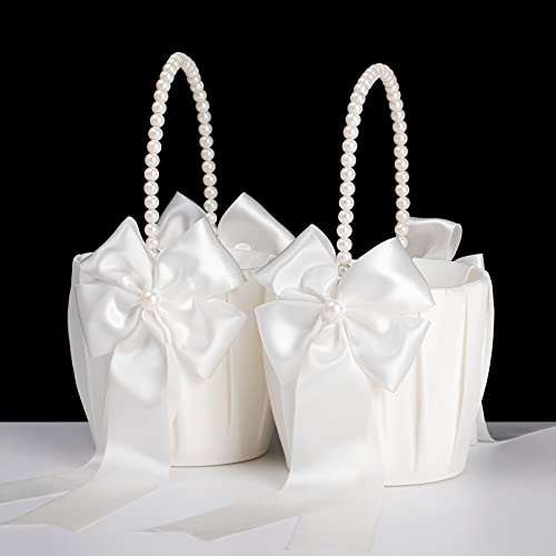 Ivory Flower Girl Basket With Pearl Handle