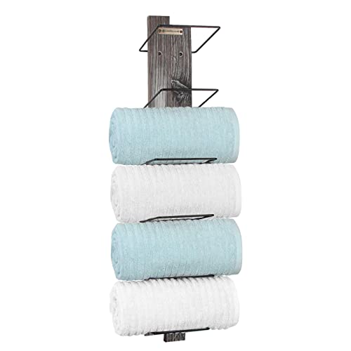 Rustic Wood and Metal 6 Tier Towel Rack for Bathroom Storage