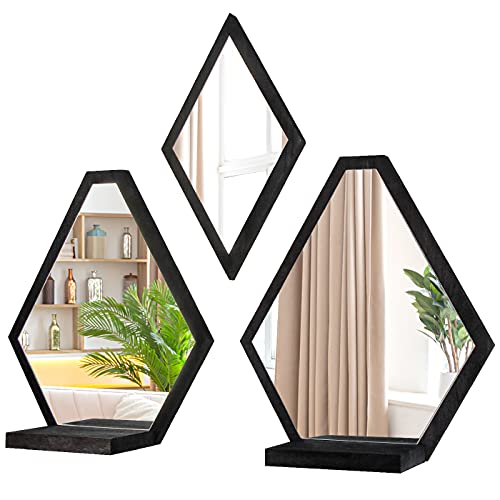 Geometric Rustic Wood Wall Mirror Set with Shelf