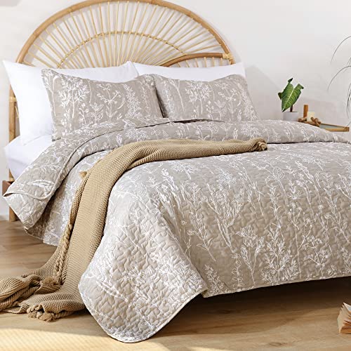 JANZAA Queen Size Oatmeal Bed Spread with White Floral Pattern
