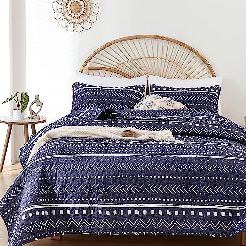 JANZAA Quilt Boho Bedding Bedspreads Queen Size Navy Blue Quilt 3PCS