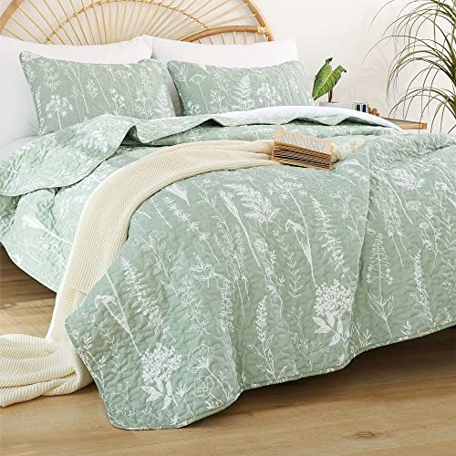 JANZAA Sage Green Quilt Bed Spread Botanical Quilts Queen Size with Floral Pattern