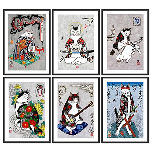 Japanese Art Tattoo Cat Painting Wall Poster Set