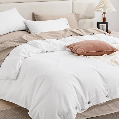 JELLYMONI Queen Size Pure White 100% Washed Cotton Duvet Cover Set, 3 Pieces Luxury Soft Bedding Set with Buttons Closure. Solid Color Pattern Duvet Cover(No Comforter)