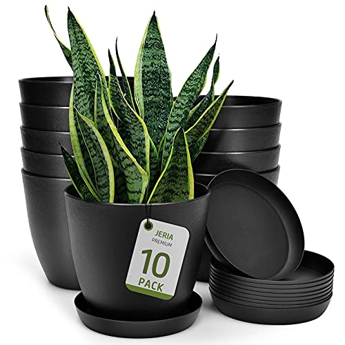 JERIA 10-Pack Plastic Plant Pots with Drainage Hole and Trays