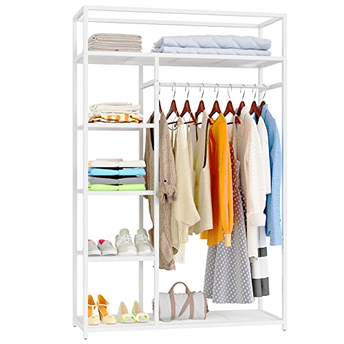 JEROAL Portable Closets Heavy Duty Clothes Rack Metal Clothing Rack with Shelves, Freestanding Portable Wardrobe Closet Rack for Hanging Clothes, Max Load 550LBS, White