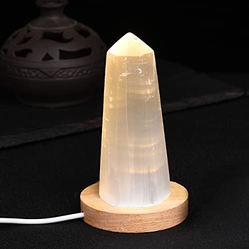 Hexagonal Selenite Crystal USB Lamp with Wooden Base