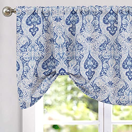 Retro Damask Printed Kitchen Curtain in Blue