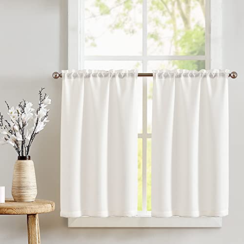 jinchan White Kitchen Curtains - Linen Textured Tier Curtains for Windows