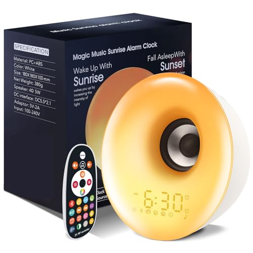 JINHODY Sunrise Alarm Clock, Wake Up Light with Remote for Kids, Heavy Sleepers, Night Lights with 12 White Nosie, Fall Asleep, Snooze, FM Radio, Reading Lamp, Bluetooth Speaker, Ideal for Gift