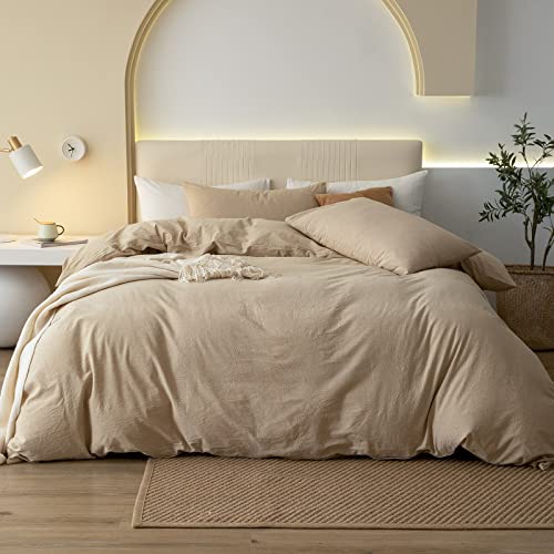JIYUAN 100% Washed Cotton Duvet Cover Set Comfy Simple Style Soft Breathable Textured Durable Linen Feel Bedding for All Seasons Queen Size,Solid Tan