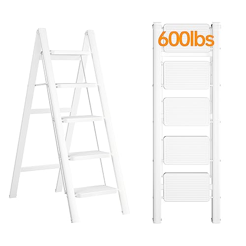 JOISCOPE 5 Step Folding Ladder, 600 lbs Capacity, Anti-Slip Pedal, White