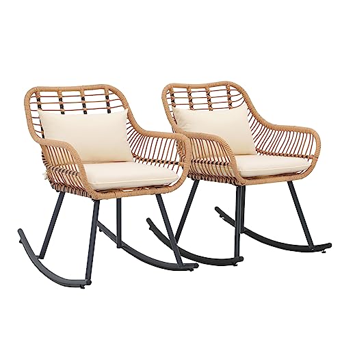 JOIVI Outdoor Wicker Rocking Chairs Set of 2 with Pillows, White