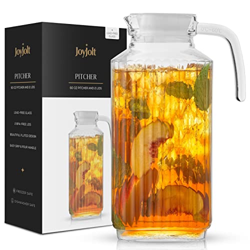 JoyJolt 60oz Glass Pitcher with 2 Lids - Beverage Serveware and Storage