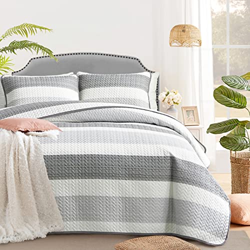 Light Gray Striped Cotton Quilt Set for Full/Queen Bed- 90x90 inches