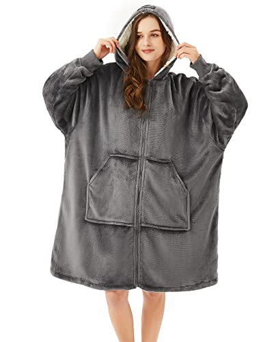 JOYWOO Wearable Blanket Hoodie - Cozy and Fuzzy Sherpa Blanket with Zipper and Giant Pocket
