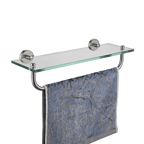 Bathroom Glass Shelf with Towel Bar, Tempered Glass, Stainless Steel, Wall Mount