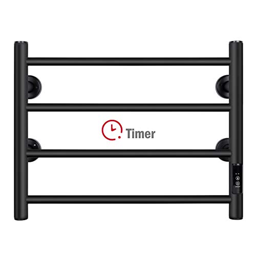 JSLOVE Wall Mounted Heated Towel Rack with Timer, Stainless Steel, Black, 4 Bars