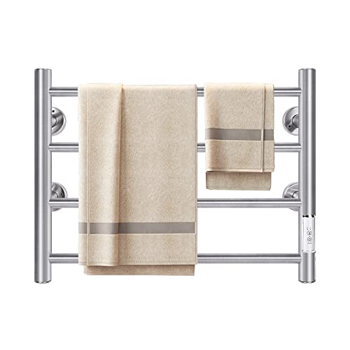 JSLOVE Towel Warmer Wall Mounted Heated Towel Racks with Built-in Timer, Plug-in/Hardwired Stainless Steel Hot Towel Rack, Heated Drying Rack Brushed Polish (Silver, 4 Bars)