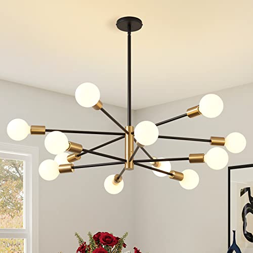 Modern Black & Gold 12-Light Sputnik Chandelier- Adjustable LED Pendant Light