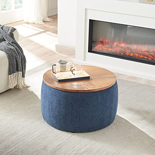 Handmade Navy Ottoman with Wooden Lid for Living Room