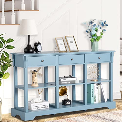Vintage Blue Console Table with 3 Drawers and Cube Storage Shelves