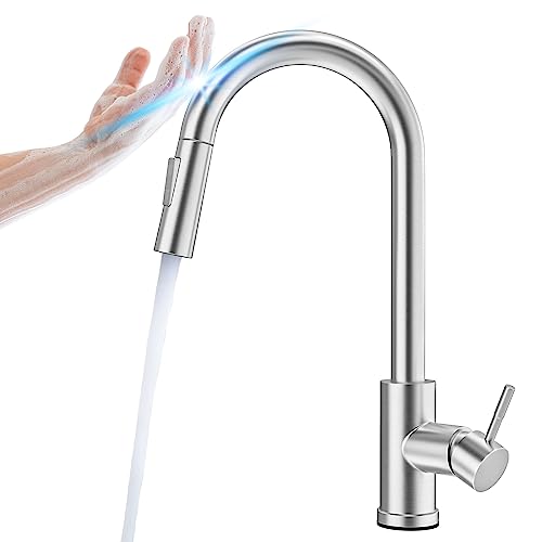 Kawaiita Touch Kitchen Sink Faucets with Pull Down Sprayer, Touch on Activated Faucet for Kitchen Bar Sink, Smart Kitchen Faucet, Stainless Steel Brushed Silver (Brushed Stainless Steel)