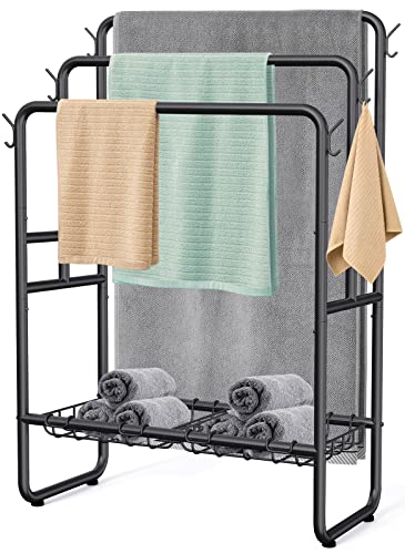 Kayfia 40" Tall Standing Towel Racks, 3 Tier Towel Stand Blanket Rack with 2 Removable Storage Baskets & 6 Hooks, Indoor Outdoor Freestanding Towel Racks for Bathroom Bedroom Organizer (Metal Black)