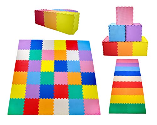 KC Cubs Soft & Safe Non-Toxic Children’s Interlocking Multicolor Exercise Puzzle EVA Play Foam Mat for Kids’s Floor & Nursery Room, 36 Tiles, 9 Colors, 11.5” x 11.5”, 54 Borders (EVA002)