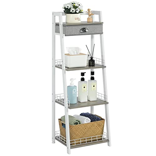 keomaisyto 4-Tier White Ladder Shelf with Drawer for Bathroom & Living Room