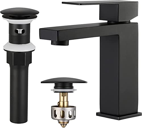 KES Black Bathroom Faucet Single Handle & Bathroom Sink Drain with Overflow, cUPC Certified Vanity Faucet with Pop Up Drain Stopper Stainless Steel Matte Black, L3156ALF-BK-C2
