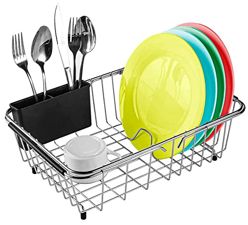 SANNO Expandable Dish Drying Rack Over The Sink Dish Drainer Dish Rack in  Sink or On Counter with Utensil Silverware Storage Hol