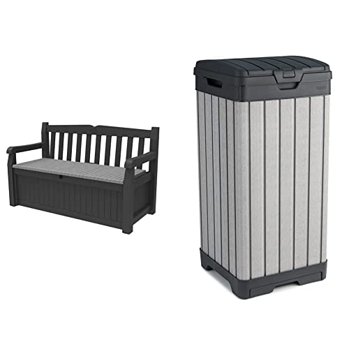 Keter Solana Storage Bench Deck Box and Rockford Resin Trash Can Combo