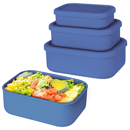 Keweis Silicone Food Storage Containers, Set of 3 Silicone Bento Lunch Box Containers with Lids, Hard-Shell Silicone, Airtight, Microwave, Dishwasher and Freezer Safe (10oz, 23.6oz, 44oz) (Dark Blue)