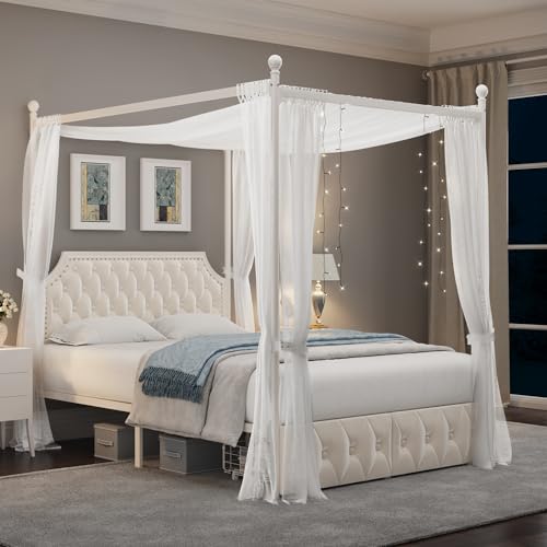 Keyluv Canopy Bed Frame with 2 Drawers and Button Tufted Headboard