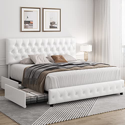 Keyluv Upholstered Bed Frame with Drawers and Tufted Headboard