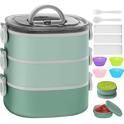 KHOXU Bento Lunch Box, Stackable 3 Layers Bento Box Adult Lunch Box, 94OZ Large Capacity Lunch Containers, Lunch Box Kids with Accessories Kit, Leak-Proof, Food-Safe Materials, Green